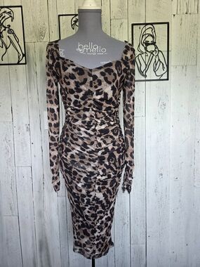 Revamped Leopard Print Ruched Bodycon Midi Dress | Long Sleeve | Size Medium